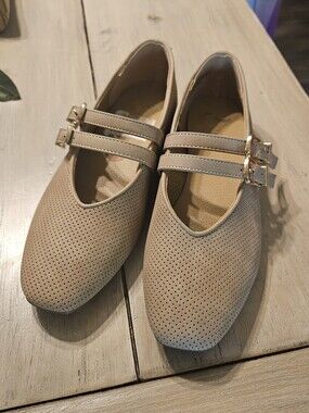 Report Beige Double-Strap Perforated Ballet Flats